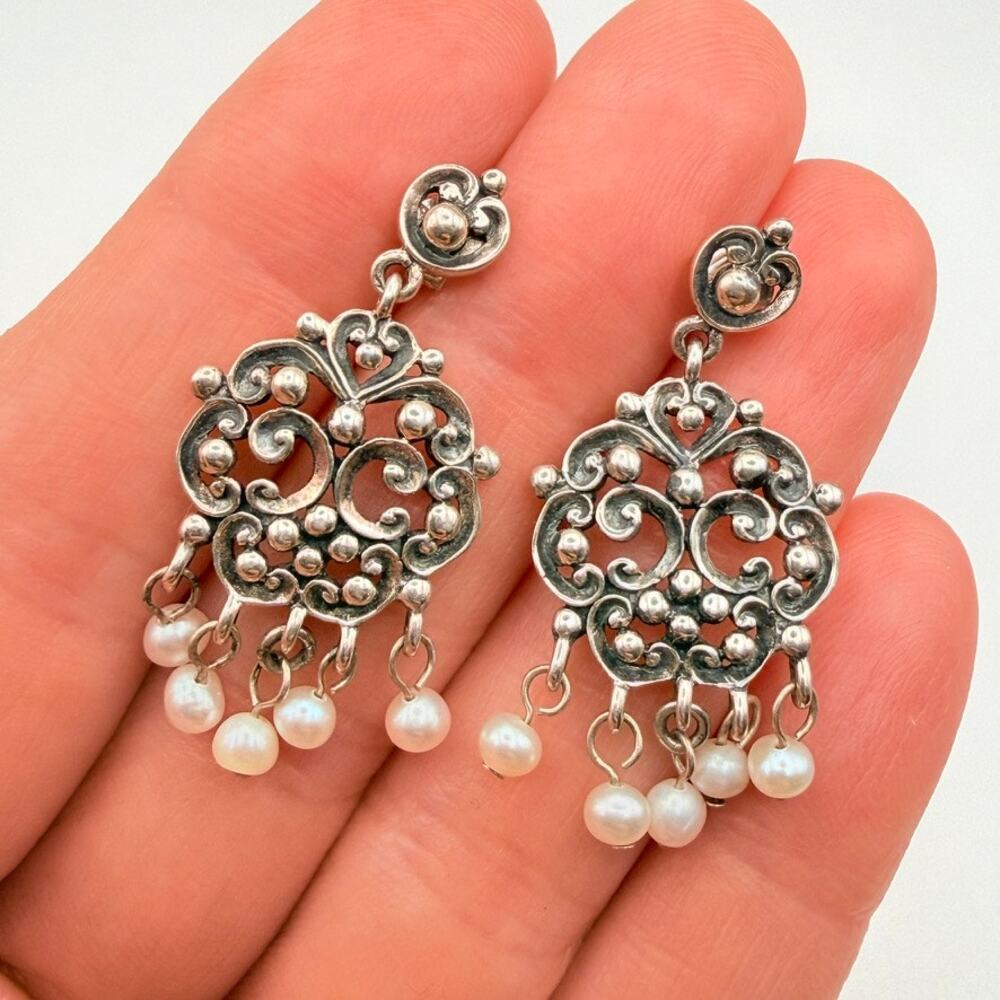 Vintage 925 Sterling Silver Chandelier Earrings Pearl Dangle Filigree Thailand